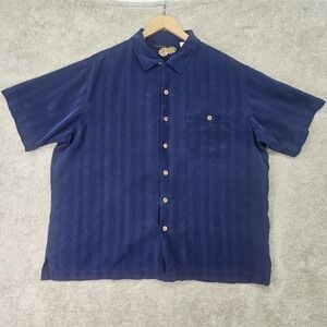 Caribbean 100% Silk Camp Shirt Mens XL Blue Textured Stripe Resort Casual Summer
